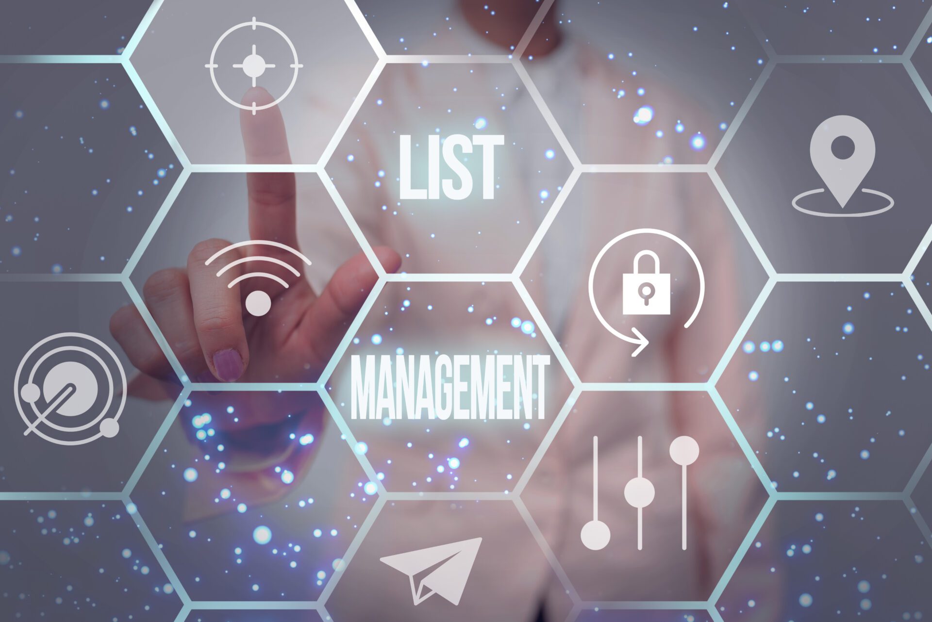 Text sign showing List Management. Business idea company or individual who acts as an agent of the list owner Lady In Uniform Holding Tablet In Hand Virtually Tapping Futuristic Tech.